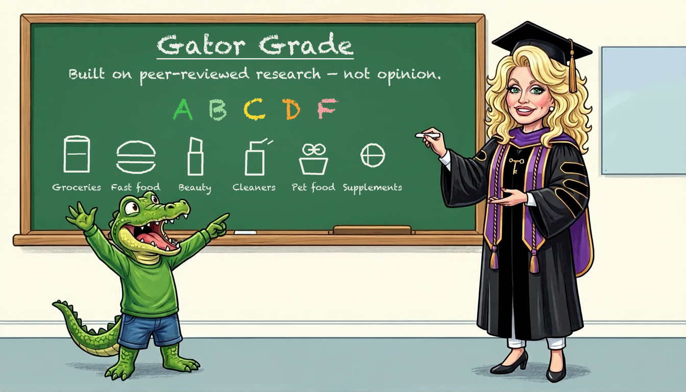 Dr. Seuzz in doctoral regalia at a chalkboard headed Gator Grade, reading "Built on peer-reviewed research — not opinion" above the colour-coded grades A to F and chalk drawings of the categories graded — groceries, fast food, beauty, cleaners, pet food and supplements — with Gator pointing at the board
