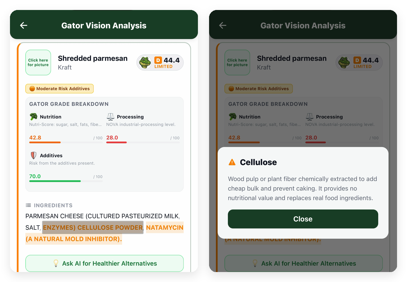 Two screens from one Gator Vision scan: the ingredient list with additives highlighted by risk, and the definition card that appears when cellulose is tapped — 'wood pulp or plant fiber chemically extracted to add cheap bulk and prevent caking'
