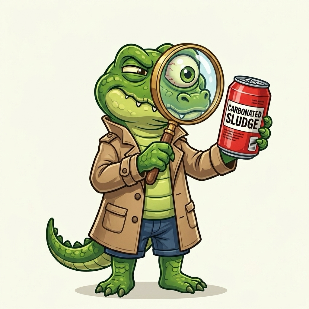 Gator detective inspecting a can of ultra-processed soda with a magnifying glass