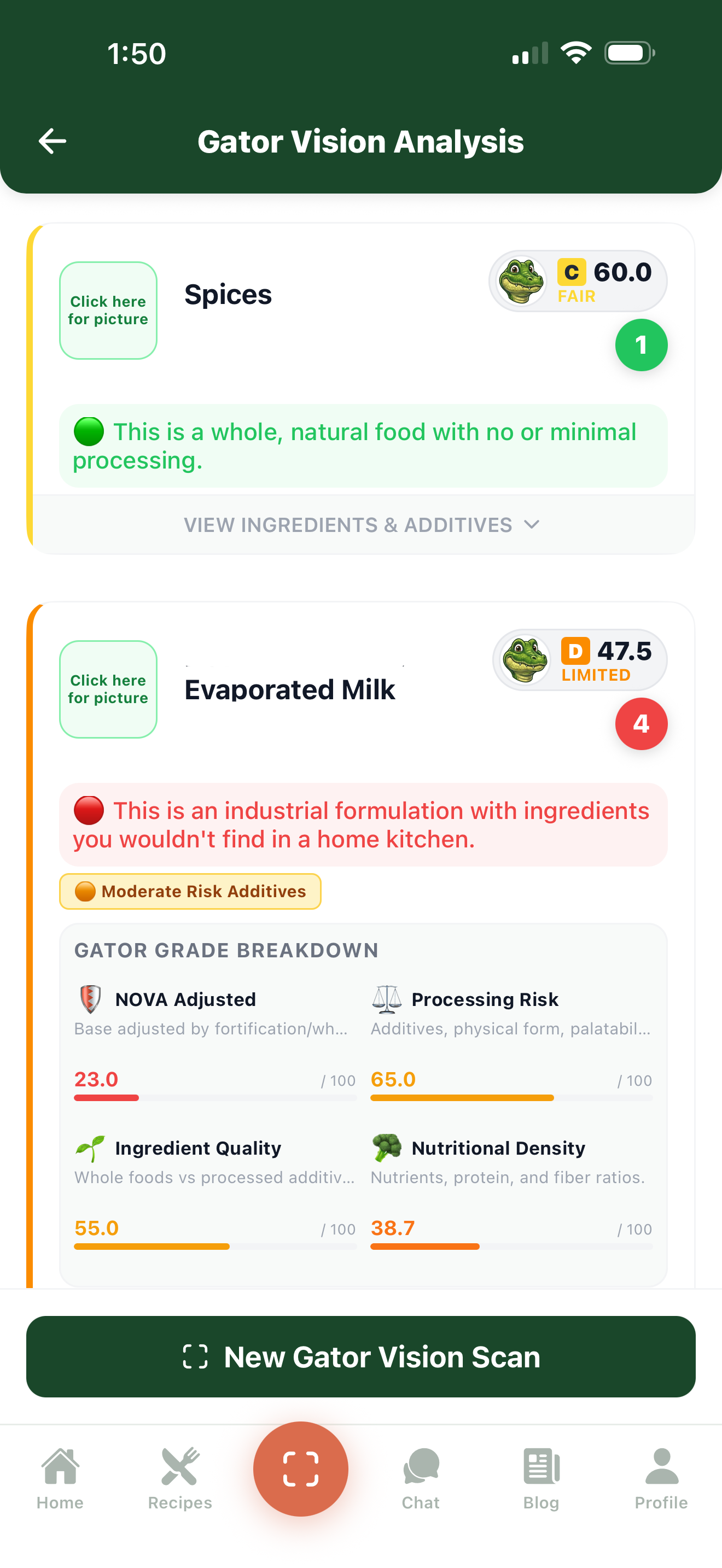 Gator Grade examples from the app — Spices graded C 60 (Fair) and Evaporated Milk graded D 47.5 (Limited)